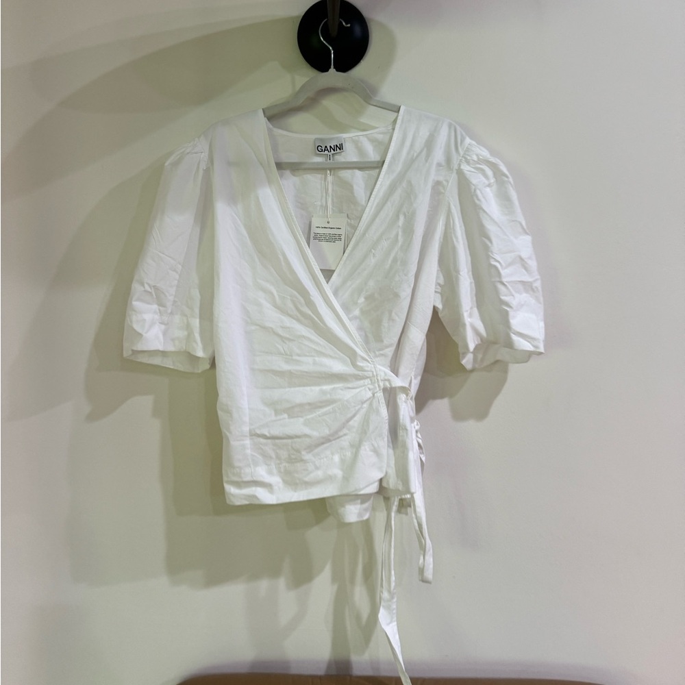 Ganni White Wrap Tie Front Blouse